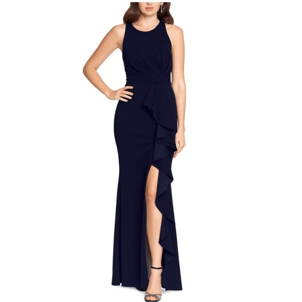 BETSY & ADAM Navy Ruffled High-Slit Gown